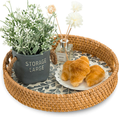 KOLWOVEN Round Rattan Tray with Handle, Rattan Serving Tray with Mother of Pearl Inlay Wooden Base, Decorative Wicker Basket for Table Decor (Blue Leaves)