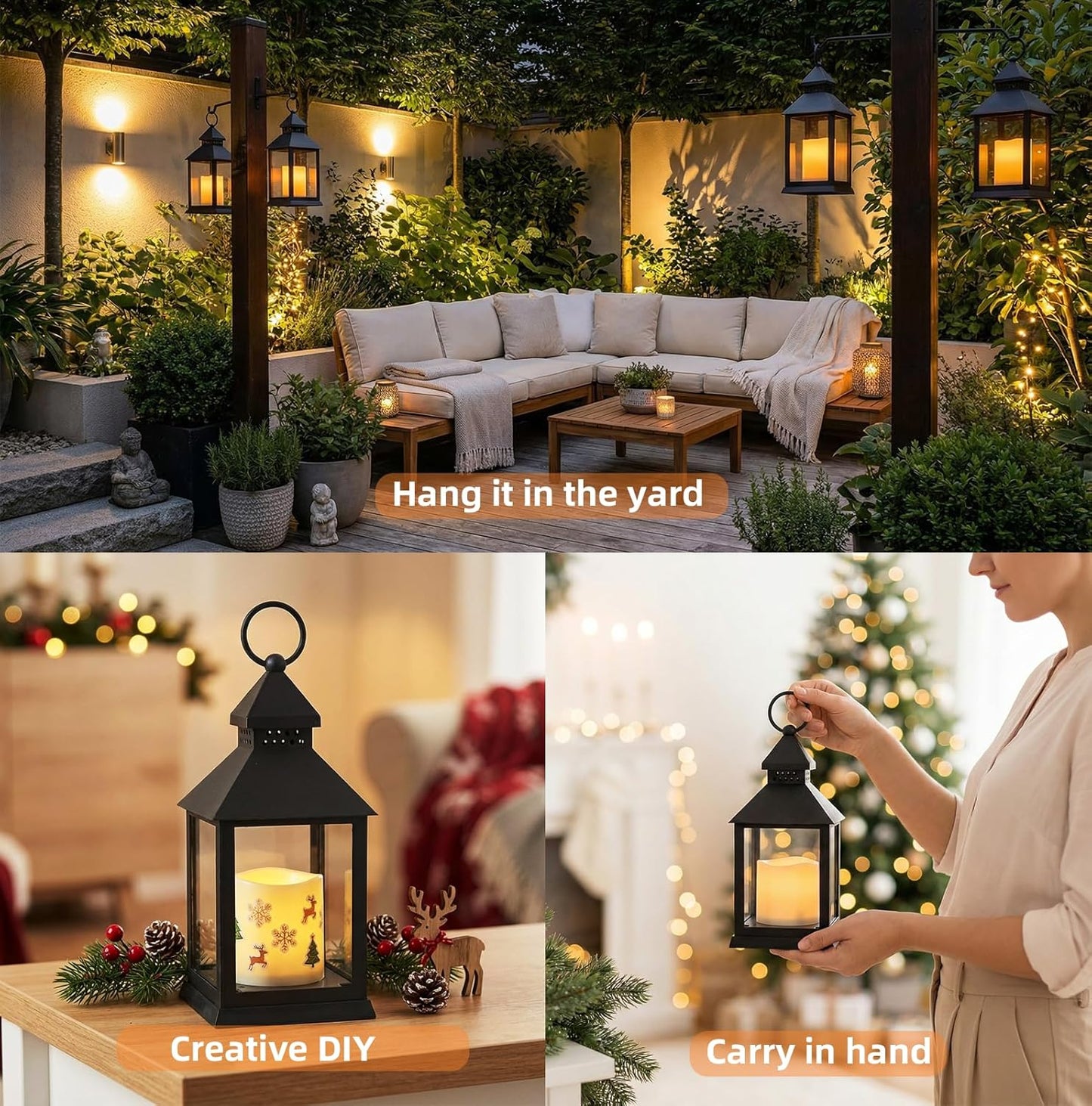 2 Pack 10.2” Candle Lanterns Decorative Indoor Hanging Lanterns with Warm Flickering LED Candle 6 Hours Timer,Black Battery Powered Candle Lantern Table Centerpiece Mantle Shelf Home Decor
