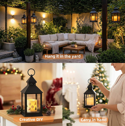 2 Pack 10.2” Candle Lanterns Decorative Indoor Hanging Lanterns with Warm Flickering LED Candle 6 Hours Timer,Black Battery Powered Candle Lantern Table Centerpiece Mantle Shelf Home Decor