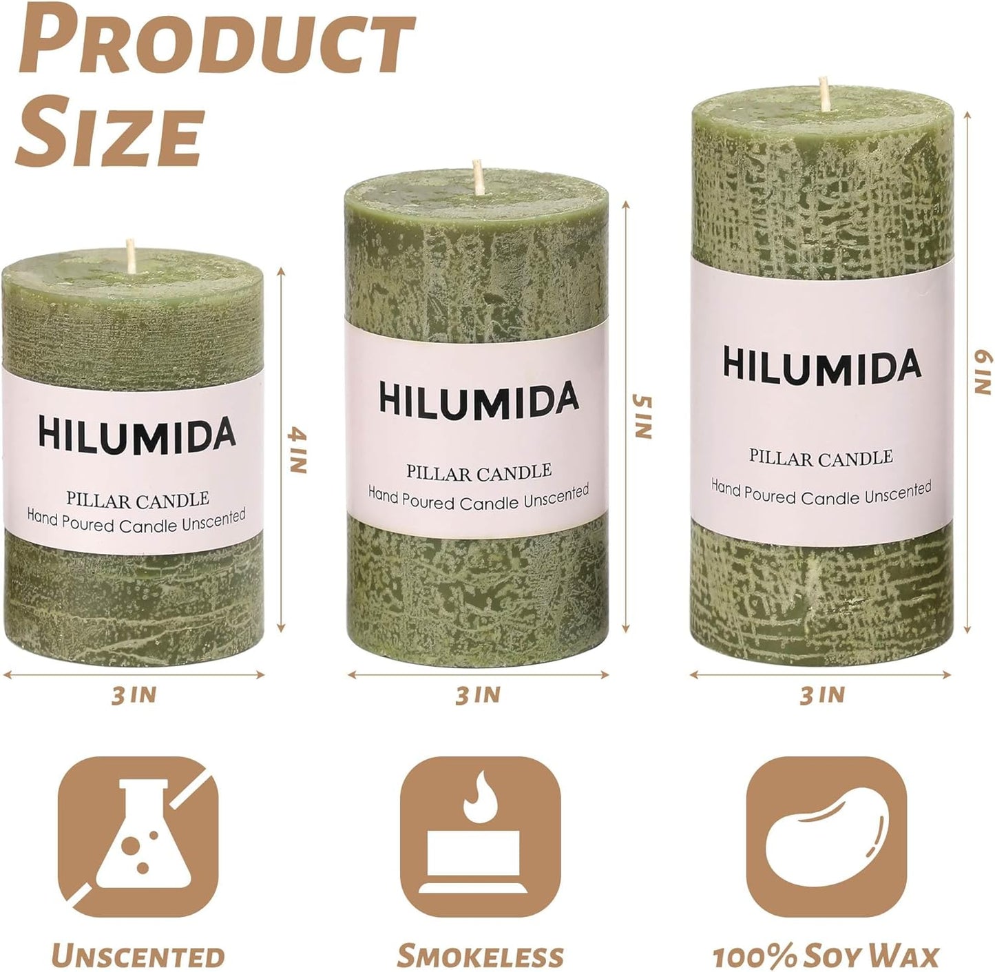 Sage Green Pillar Candles Set of 3 - Hand-Poured Unscented Candles,Smokeless Dripless Candles for Dinner Table and Home, Set of 3 in Different Sizes (3"x4", 3"x5", 3"x6")