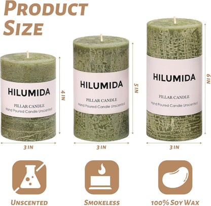 Sage Green Pillar Candles Set of 3 - Hand-Poured Unscented Candles,Smokeless Dripless Candles for Dinner Table and Home, Set of 3 in Different Sizes (3"x4", 3"x5", 3"x6")