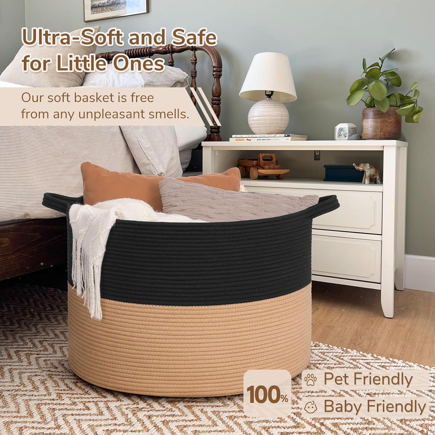 INDRESSME XXXLarge Blanket Basket for Living Room 21.7" x 21.7" x 13.8"-Storage Basket with Handle for Organizing Toy Pillows Woven Cotton Rope Laundry Basket Stuffed Animal Toy Storage for Play Room