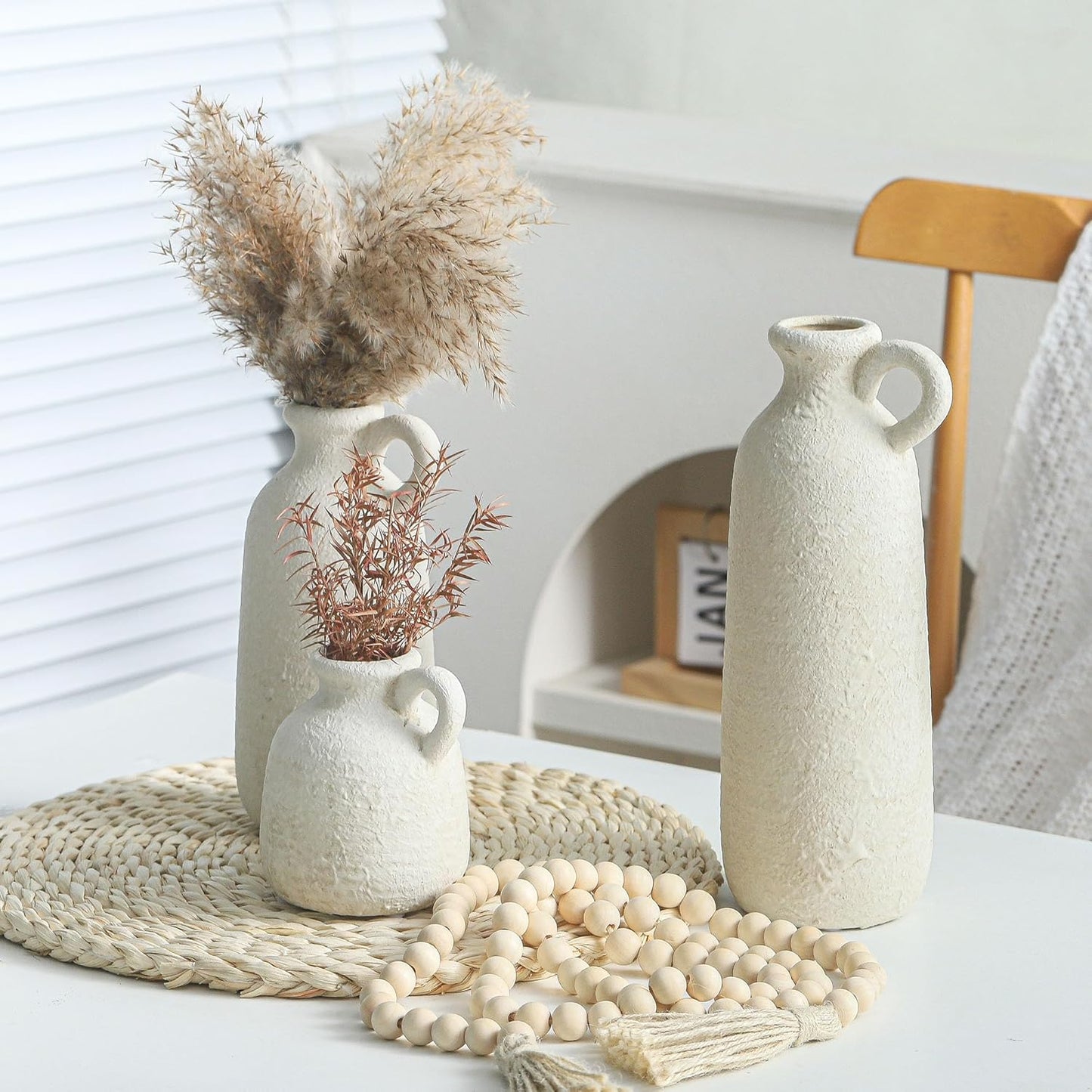 Ceramic Vase Set of 3 | Neutral Vase Home Decor with Handle | Pottery Modern Farmhouse Vases Pampas Grass Flower Vases for Home Decor Table Living Room Centerpieces Mantel Decor - Multicolor