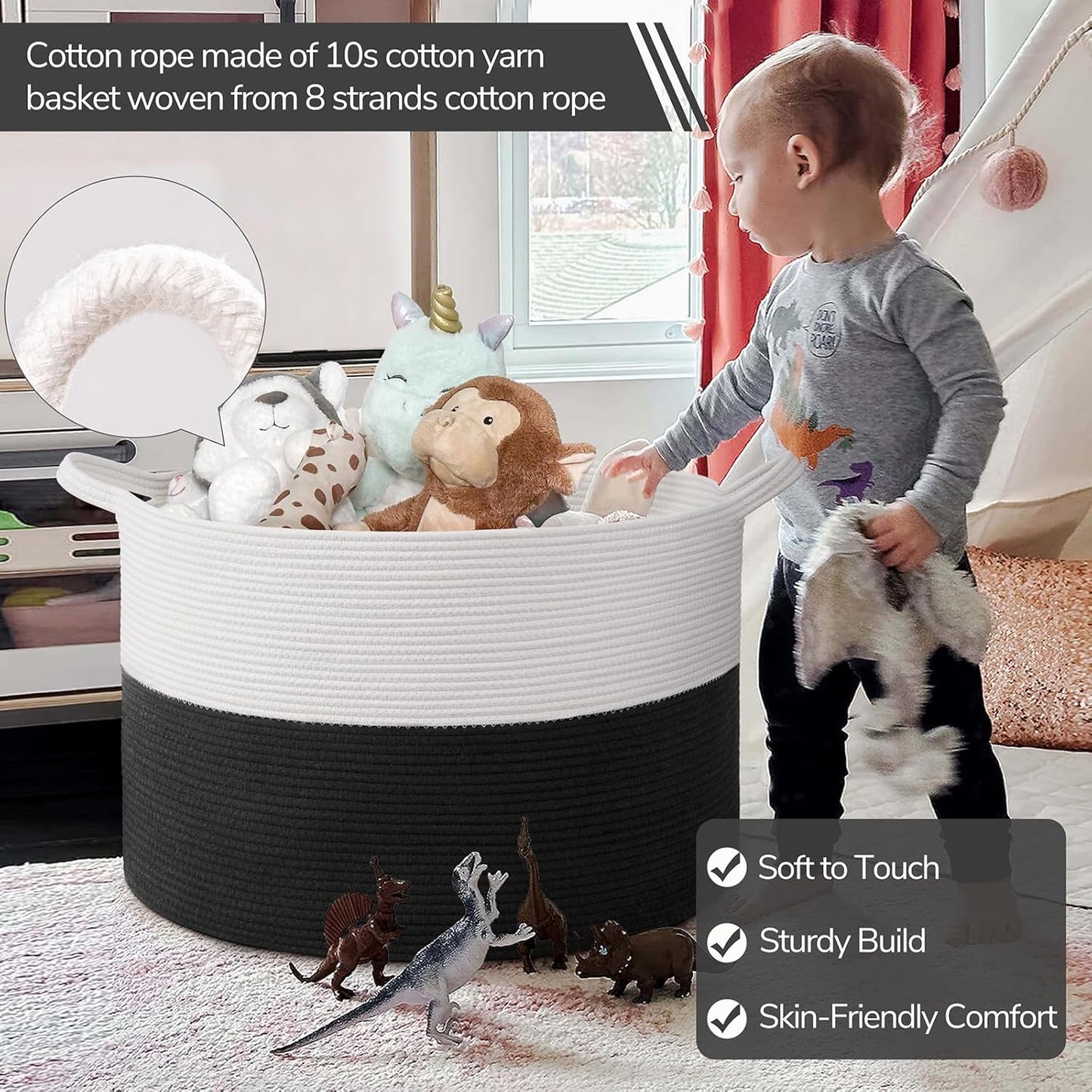 INDRESSME XXXLarge Blanket Basket for Living Room 21.7" x 21.7" x 13.8"-Storage Basket with Handle for Organizing Toy Pillows Woven Cotton Rope Laundry Basket Stuffed Animal Toy Storage for Play Room
