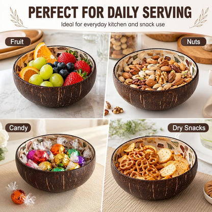 ChezMax Natural Coconut Bowl with Mother of Pearl Inlays - Key Bowl & Fruit Snack Holder (Blue-Gold)