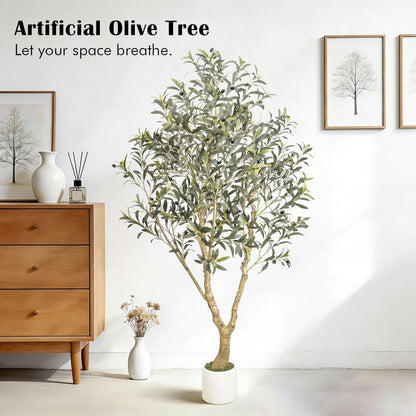 6FT Artificial Olive Tree with Elegant Planter & Moss, Faux Olive Tree Indoor with Natural Wood Trunk & Lifelike Leaves, Tall Fake Plant for Living Room Home Office Decor – Housewarming Gift