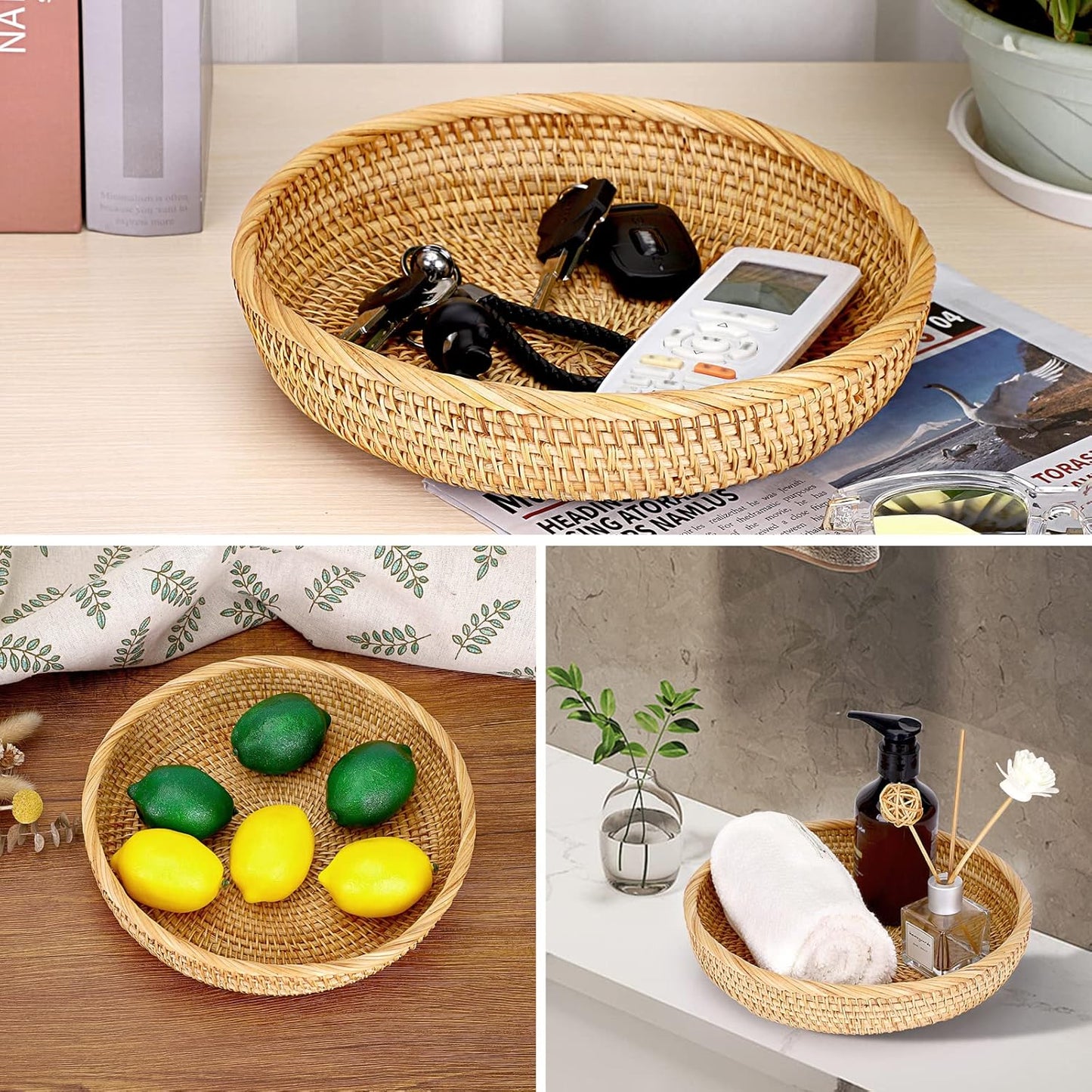 Hipiwe Small Key Basket Bowl for Entryway 7.6" Round Woven Wicker Basket Fruit Serving Tray Woven Basket Wall Decor Rattan Organizer Basket for Keys, Wallet,Whitewash