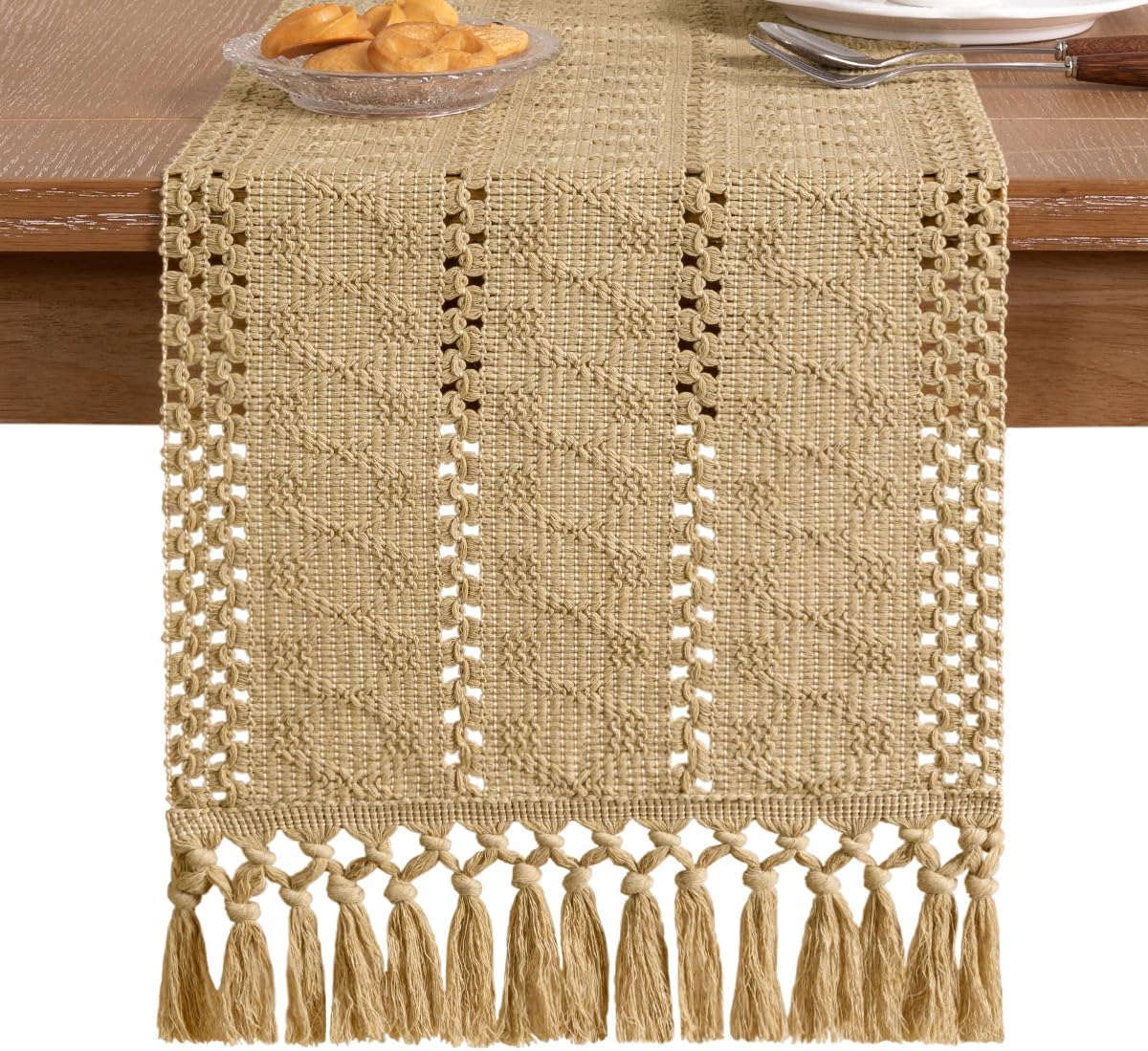 Socomi Boho Table Runner Summer Farmhouse Rustic Dining Kitchen Centerpiece Decor Small Macrame Woven Cotton Linen Coffee Table Runner for Dresser Scarf Home Decor 12x36 inch Beige