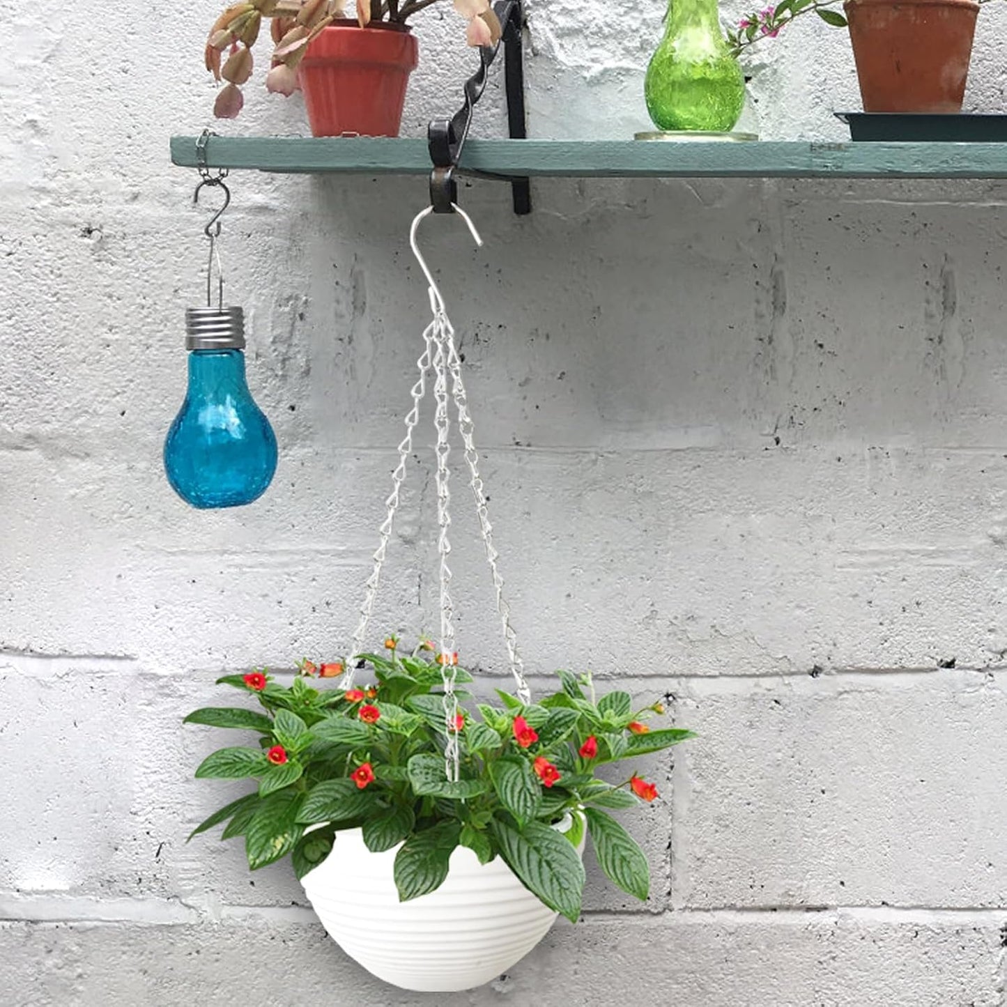 Srmayyi 4 Pack 8 inch Plastic Self Watering Hanging Planters,Round Hanging Basket Planter with Drainer and Metal Chain,White Garden Flower Plant Pot Container for Indoor Outdoor Plants