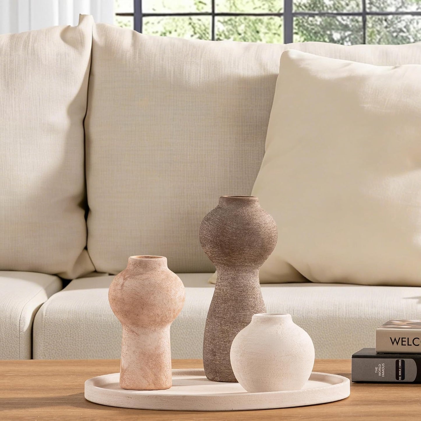 Ceramic Vase Home Table Decor - Flower Vase Set of 3 Living Room Kitchen Decorations Farmhouse Modern Rustic Vases Decorative Centerpiece for Shelf Bedroom Office Bathroom Dining Coffee Desk