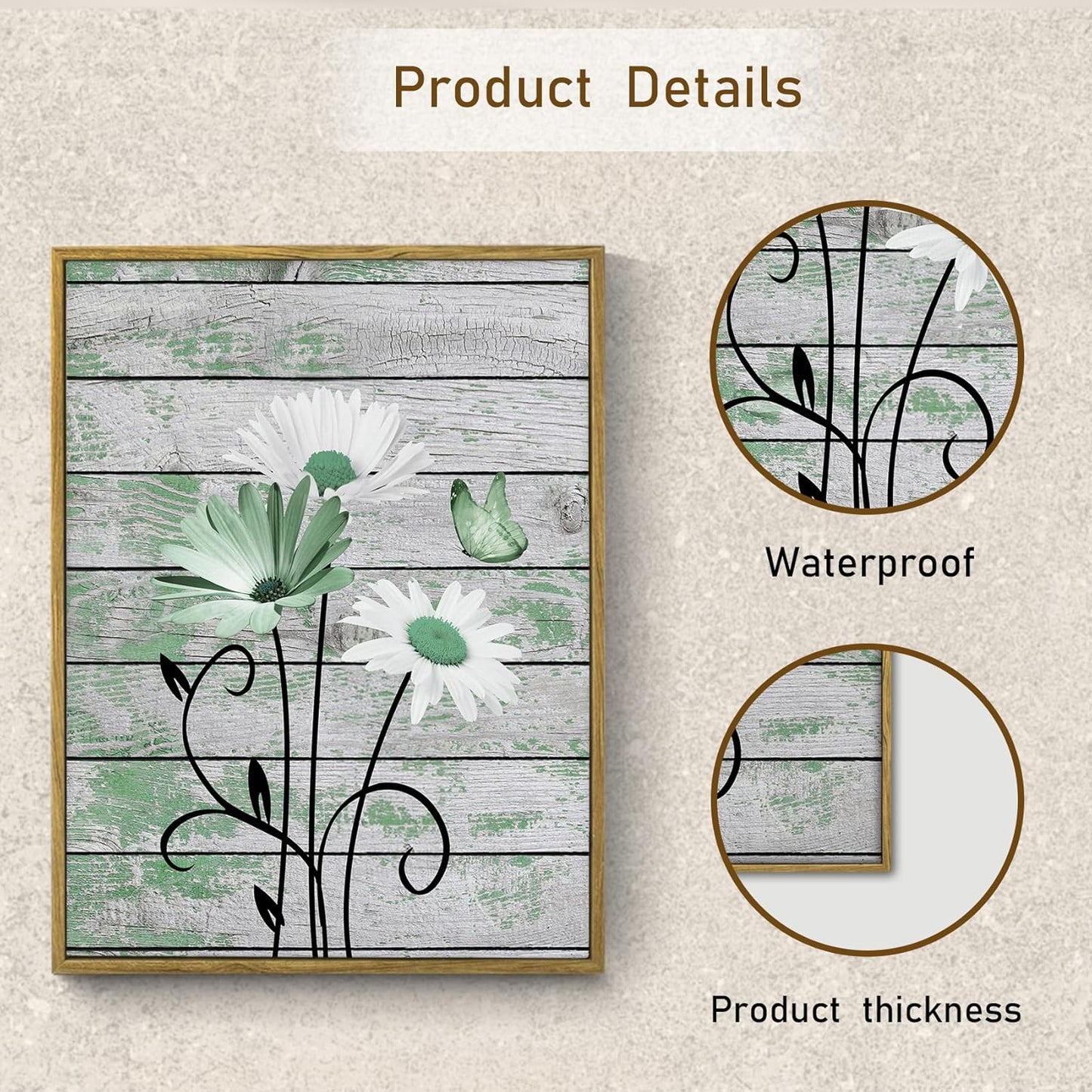 HVEST Farmhouse Floral Wall Art for Living Room, Blue and White Daisy Flower and Butterfly on Rustic Wood Board Canvas Wall Art Framed Artwork Ready to Hang for Bathroom Bedroom Decor, 16L X 12W