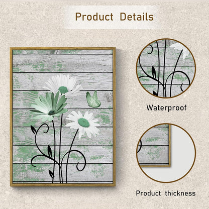 HVEST Farmhouse Floral Wall Art for Living Room, Blue and White Daisy Flower and Butterfly on Rustic Wood Board Canvas Wall Art Framed Artwork Ready to Hang for Bathroom Bedroom Decor, 16L X 12W