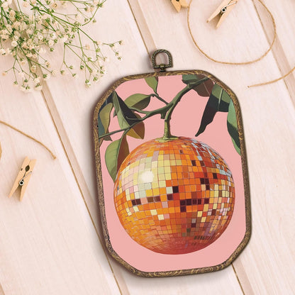 Trendy Funky Orange Disco Ball Oval Wall Art Framed, Funky Retro Oval Wall Decor, Trendy Aesthetic Hanging Canvas Prints Wall Sculptures for Home Living Room Bedroom Decor, 8.5x11.5 Inch
