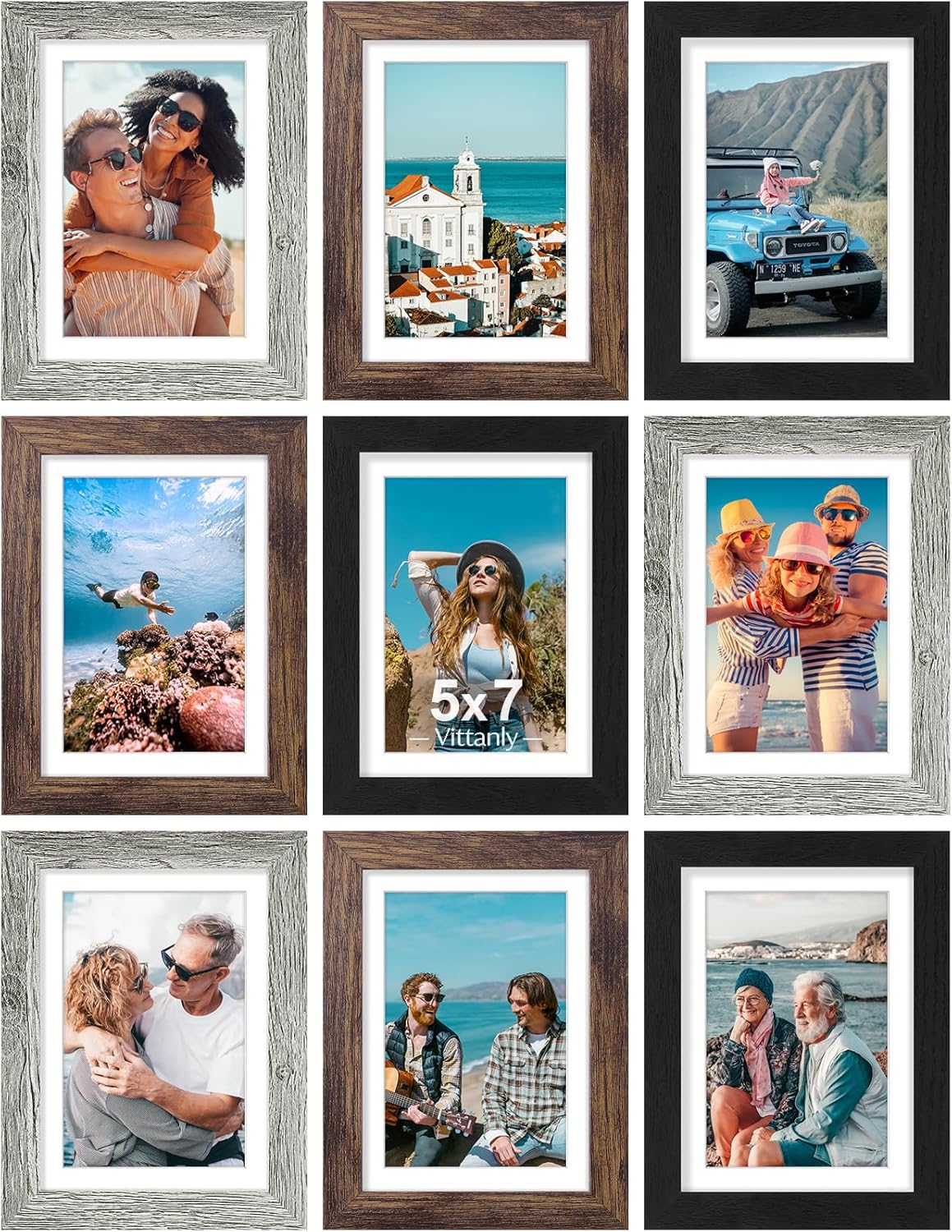 Vittanly 8x10 Picture Frames Set of 9, Shatter Resistant Plexiglass, Display 5x7 Pictures with Mat or 8x10 without Mat, Photo Frames for Wall or Tabletop, Engineered Wood, Black - Colors A