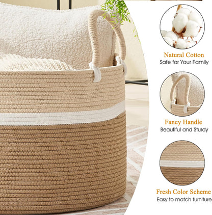KAKAMAY Large Blanket Basket (20"x13"),Woven Baskets for storage Baby Laundry Hamper, Cotton Rope Blanket Basket for Living Room, Laundry, Nursery, Pillows, Baby Toy chest (White/Brown)