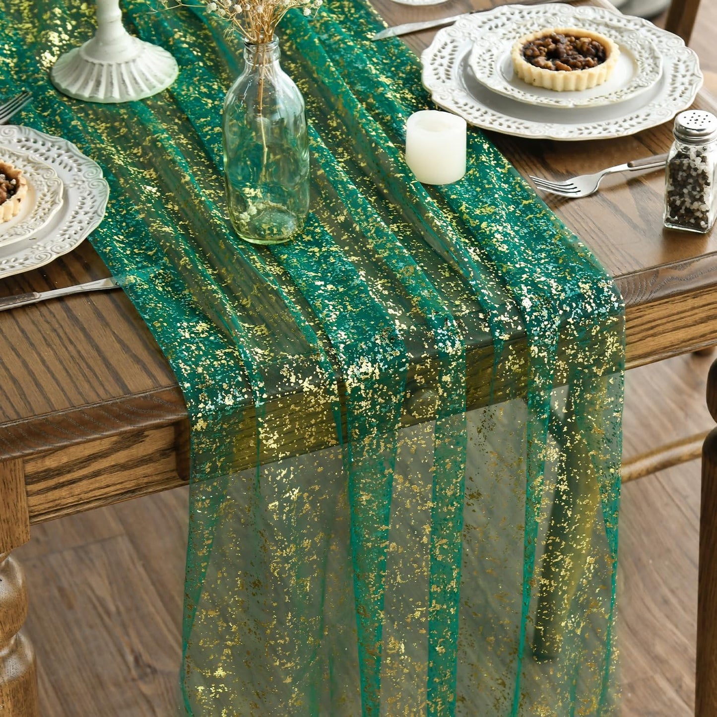 Artoid Mode Beige Gold Gauze Table Runner 120 Inch 10FT, Glitter Metallic Foil Sheer Dining Wedding Anniversary Holiday Birthday Table Decor for Home Party