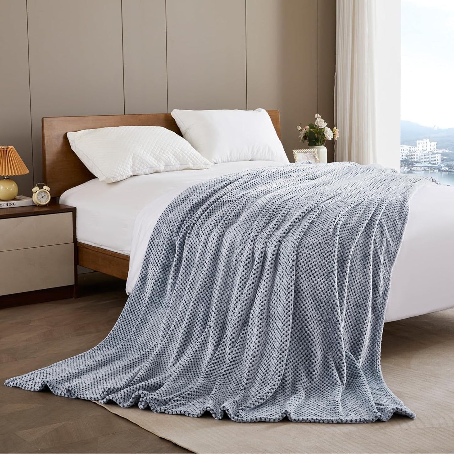 Exclusivo Mezcla Fleece Throw Blanket Extra Large, Super Soft and Warm Blankets for Couch, Sofa and Bed Waffle Textured, Cozy, Fuzzy and Lightweight (Slate Blue, 50x70 Inches)