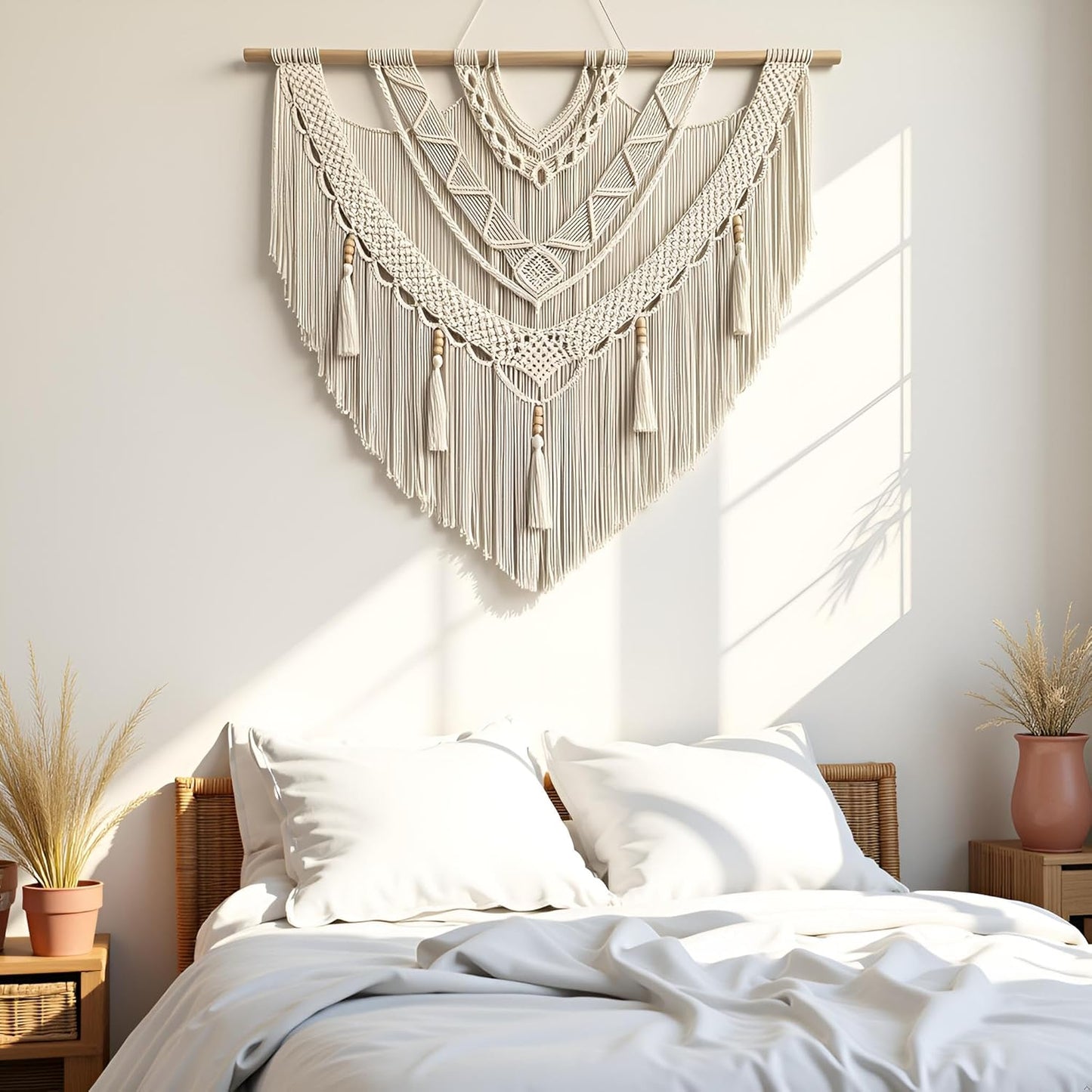 guzhiou large macrame wall hanging - Boho Tapestry Macrame Wall Decor Art- Chic Bohemian Handmade Woven Tapestry Home Decoration for Bedroom Living Room Apartment Wedding Party - 43"x32" (Wood bead)
