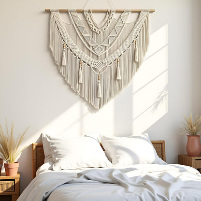 guzhiou large macrame wall hanging - Boho Tapestry Macrame Wall Decor Art- Chic Bohemian Handmade Woven Tapestry Home Decoration for Bedroom Living Room Apartment Wedding Party - 43"x32" (Wood bead)