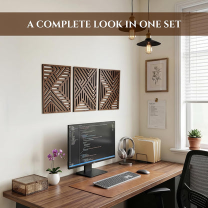 qmmp Modern Wooden Wall Sculptures - Set of 3 - Home Decor Accent - Large Wall Art for Living Room, Bedroom, Office - Easy Installation (Oak, Medium - Mountain and Sun)