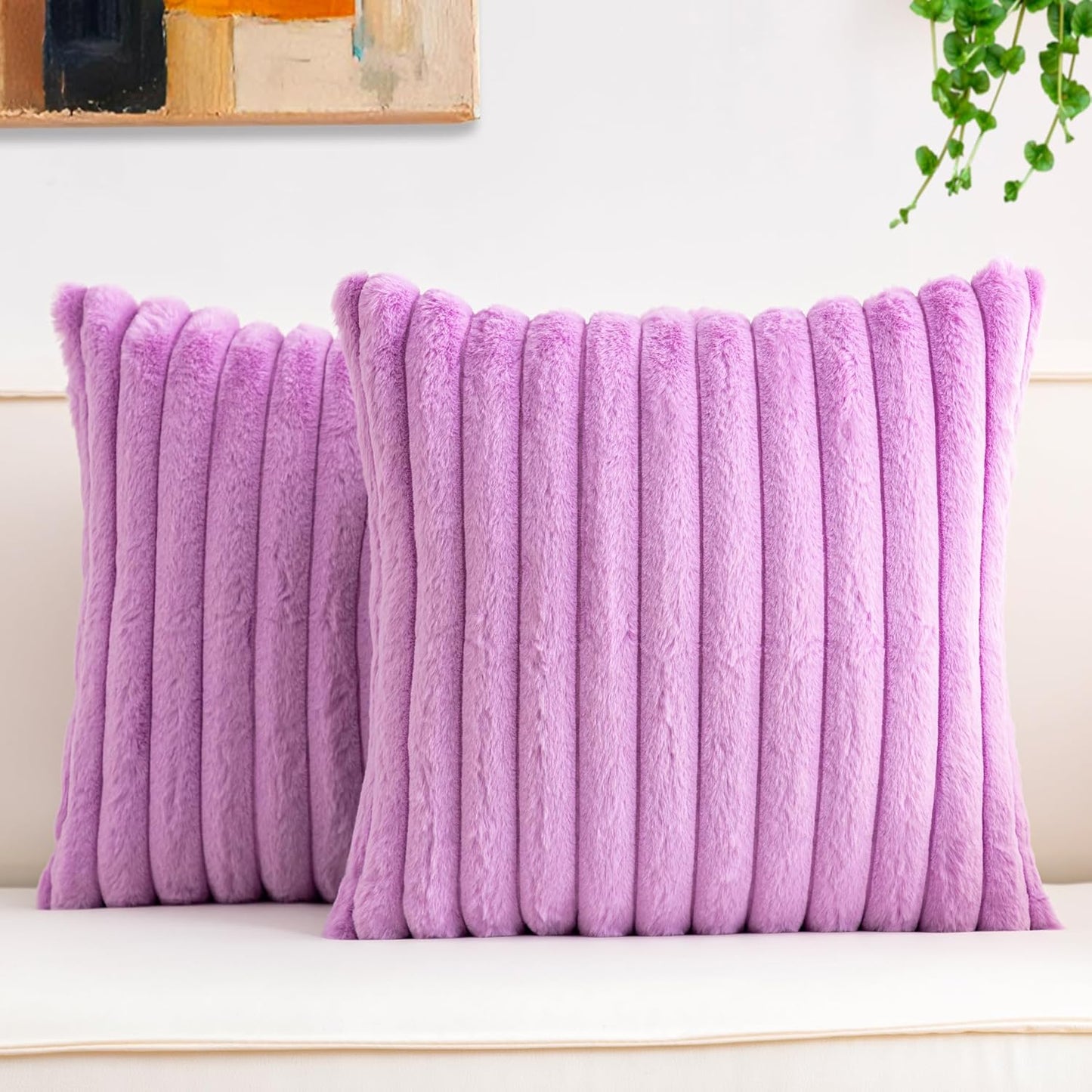Aegero Pack of 2 Faux Fur Christmas Throw Pillow Covers 18x18 Inch, Soft Plush Striped Neutral Couch Pillow Cover, with Velvet Back Modern Home Decor for Sofa Living Room Couch Bed Cream White