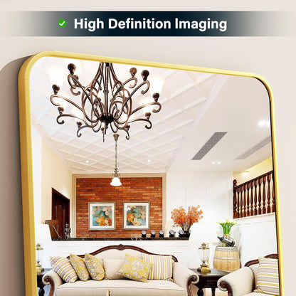 XRAMFY 56"x21" Floor Full Length Mirror Standing Full Body Rounded Corner Rectangle Mirrors with Stand Hanging Wall Mounted Leaning Bedroom Living Room Bedroom Cloakroom,Gold
