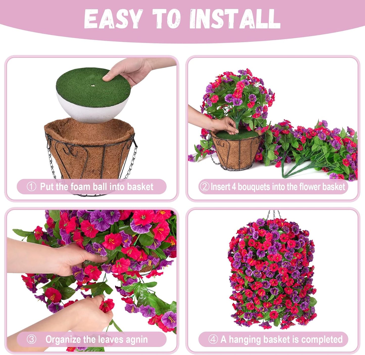 INXUGAO Artificial Flowers with Hanging Basket, Outdoor Faux Plants Silk Morning Glory Vines, Fake Green Arrangement for Garden Patio Spring Summer Decor(4pcs,Darkorchid)