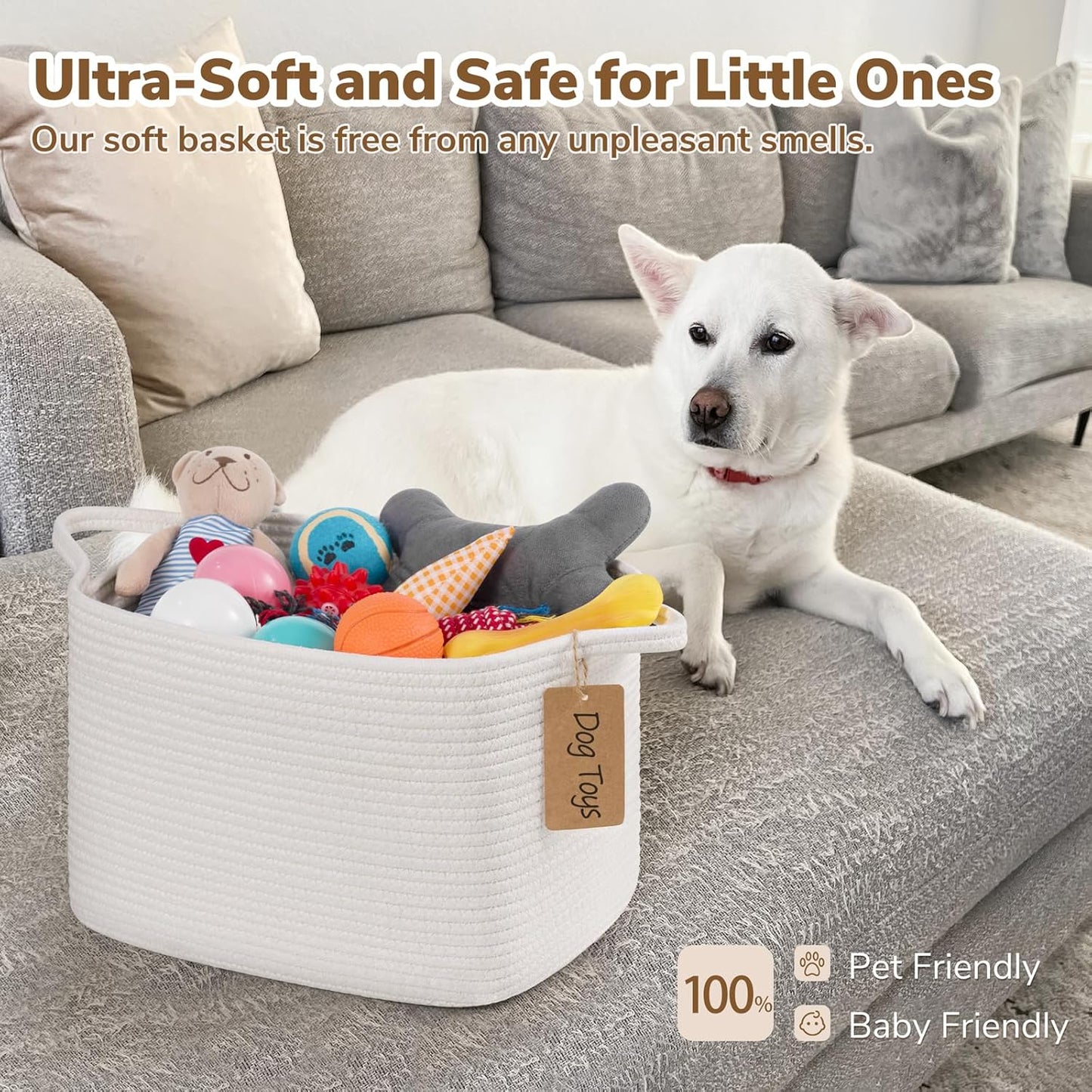 Goodpick Woven Storage Basket, Cotton Rope Basket for Dog Toys, Books, Stylish Gift Basket with Handles, 13 x 10 x 9 Inches Square Baskets for Organizing, Brown and White