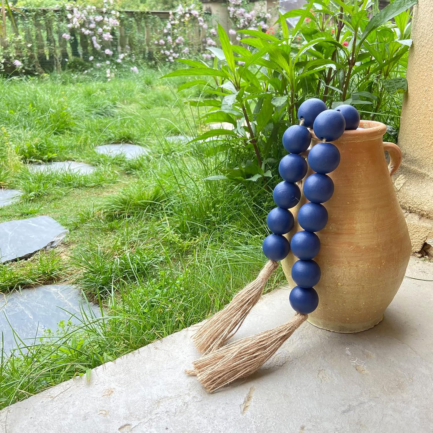 OMISHE Extra Large Wood Bead Garland with 1.6" Diameter Wooden Beads and Tassels, 41" Long Rustic Farmhouse Country Decorative Beads for Home Tiered Tray Decor, Natural Beige