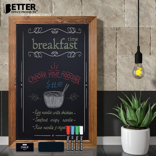 Better Office Products Magnetic Chalkboard, 20x30 Rustic Wood Frame Chalkboard Sign, Wall Mount Vertical/Horizontal, Includes Chalk Markers, Eraser, Chalk Board Easel Sign for Home Business Decor