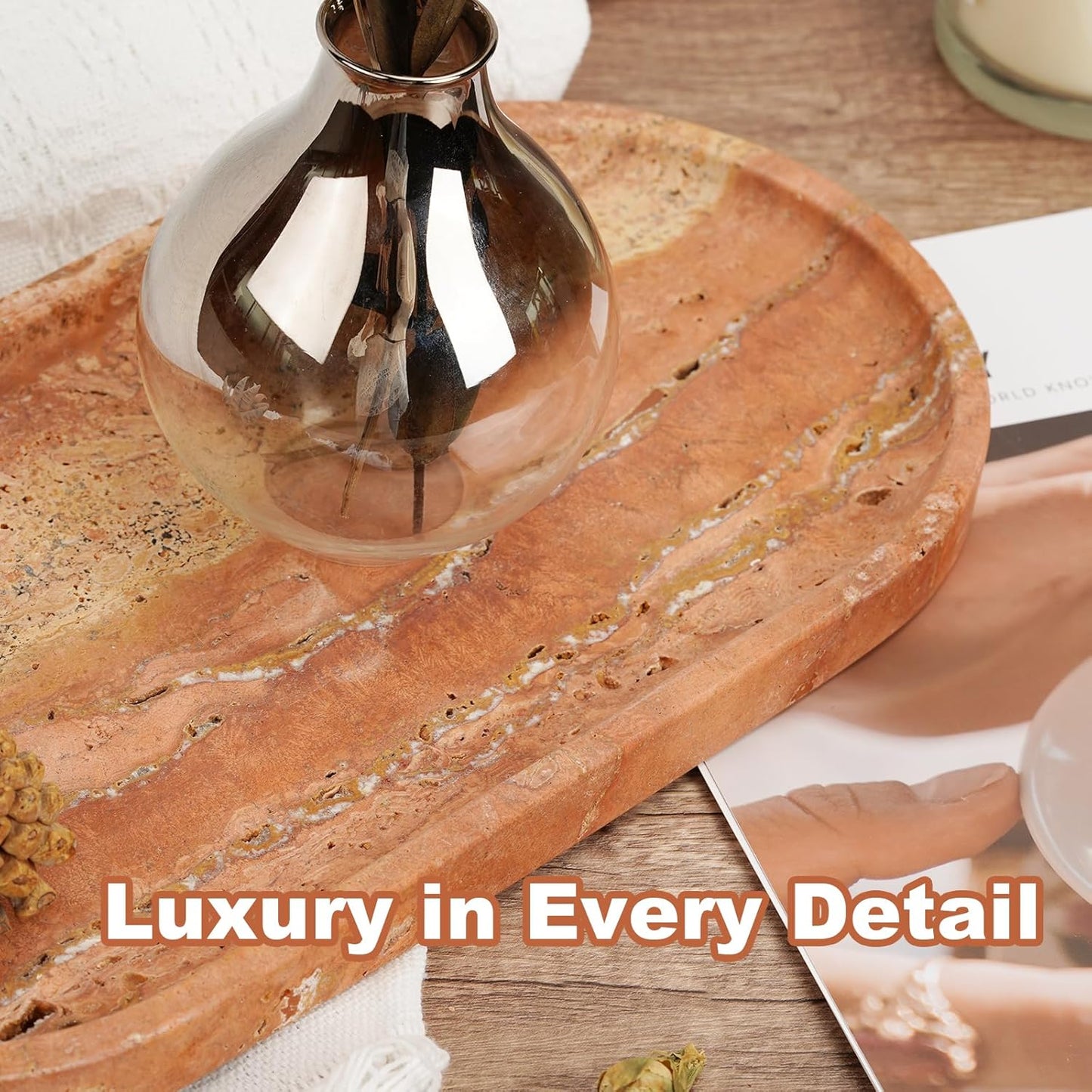 Koville Italian Travertine Tray, 12"x6" Vanity Decorative Marble Tray for Countertop, Catchall Tray for Perfume, Candles, Jewelry Dish Tray