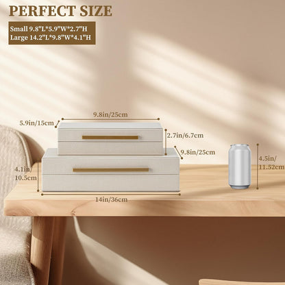 Set of 2 Shagreen Decorative Box, Modern Faux Leather Beige Decorative Storage Boxes with Lids and Metal Handles, Jewelry & Memory Box for Home, Office Decor (Beige+Gold Handles)