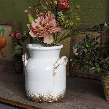 Quoowiit Ceramic Rustic Farmhouse Vase, Distressed Decorative Flower Vases for Home Decor, Ideal Shelf Decor, Green Boho Vase for Living Room Bedroom Kitchen Office Centerpiece Table Decorations