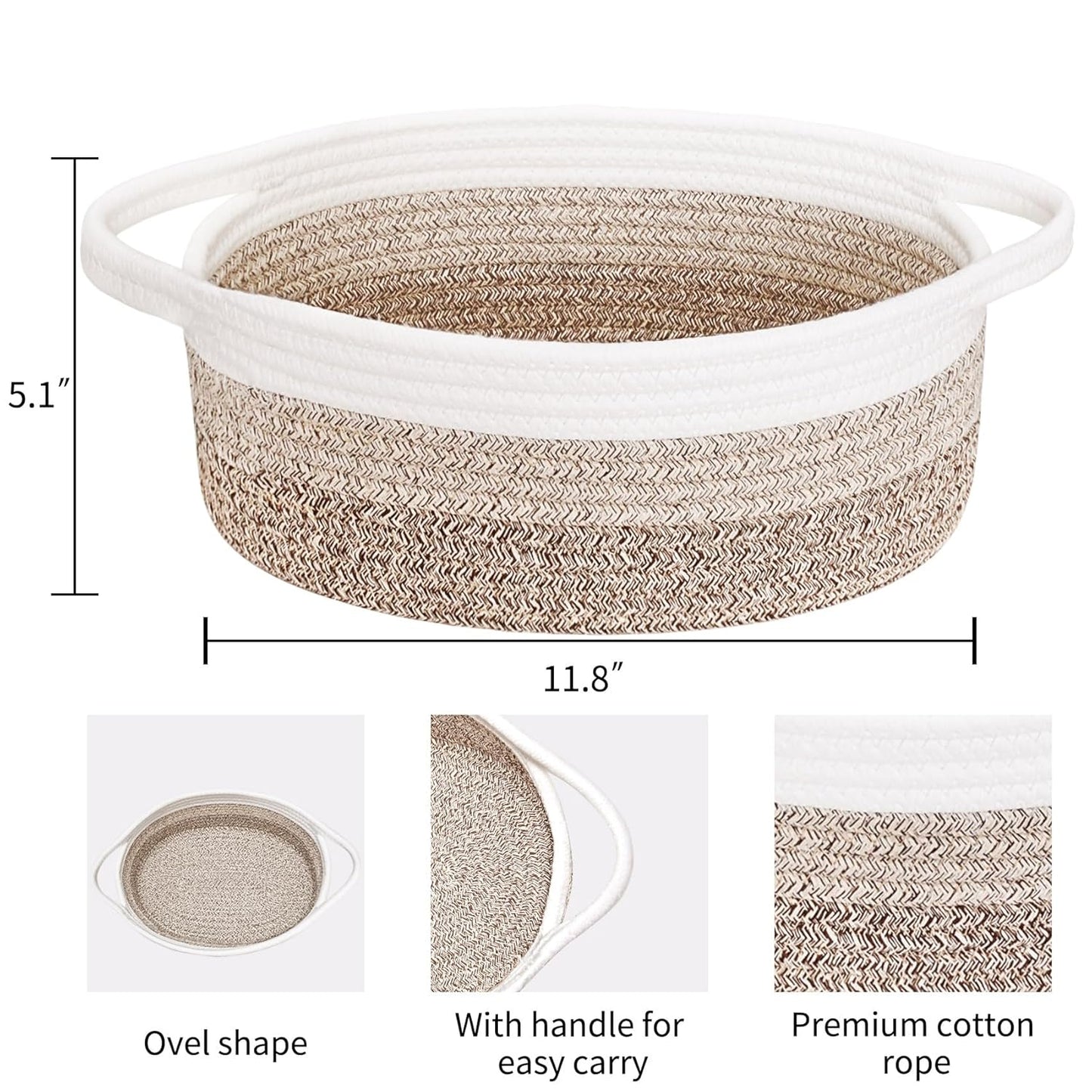 ABenkle Small Basket with Handles, Boho Decorative Rope Woven Dog Cat Toy Storage Bin Shelf Storage Organizer, Easter Christmas Gift Basket, 12"x8"x5", White