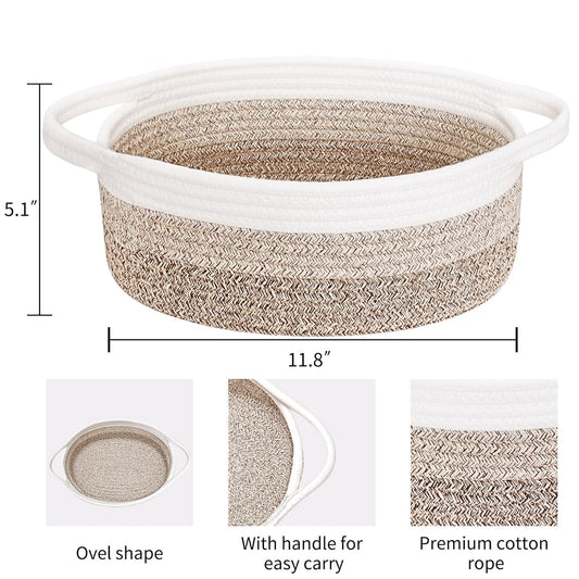 ABenkle Small Basket with Handles, Boho Decorative Rope Woven Dog Cat Toy Storage Bin Shelf Storage Organizer, Easter Christmas Gift Basket, 12"x8"x5", White