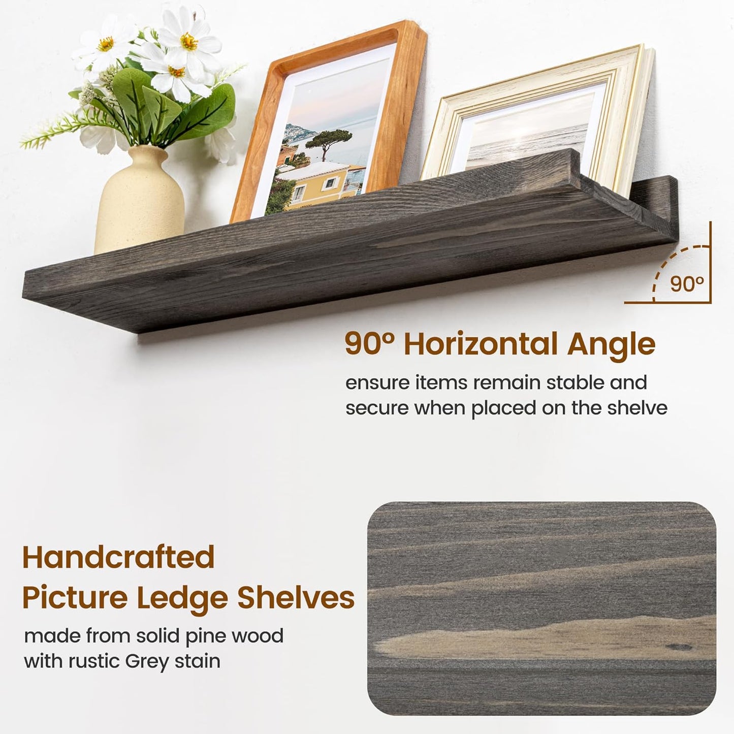 FLYJOE Picture Ledge Shelf, Floating Shelves Set of 2, Solid Pine Wood 55'' Long Large Nursery Book Shelves for Toys Storage, Kids Bookshelf for Living Room Bedroom Decor Books Photo Frames, Walnut