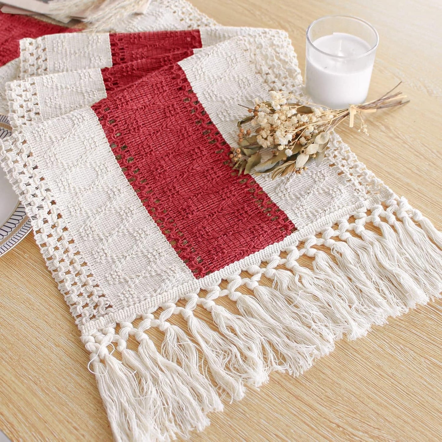 FEXIA Boho Table Runner for Thanksgiving Fall Christmas Home Decor with Tassels 72 Inches Long Pottery barn Furniture Farmhouse Rustic Macrame Burlap Table Decoration for Living Room (12x72 Inches)