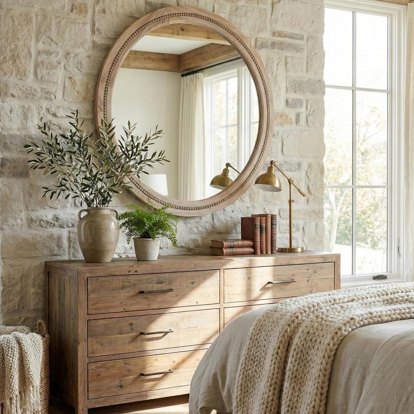 30" Round Solid Wood Mirror for Bathroom Vanity, Handcrafted Beaded Circle Wall Mirror - Natural Boho Farmhouse Decor for Entryway & Bedroom
