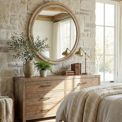 30" Round Solid Wood Mirror for Bathroom Vanity, Handcrafted Beaded Circle Wall Mirror - Natural Boho Farmhouse Decor for Entryway & Bedroom