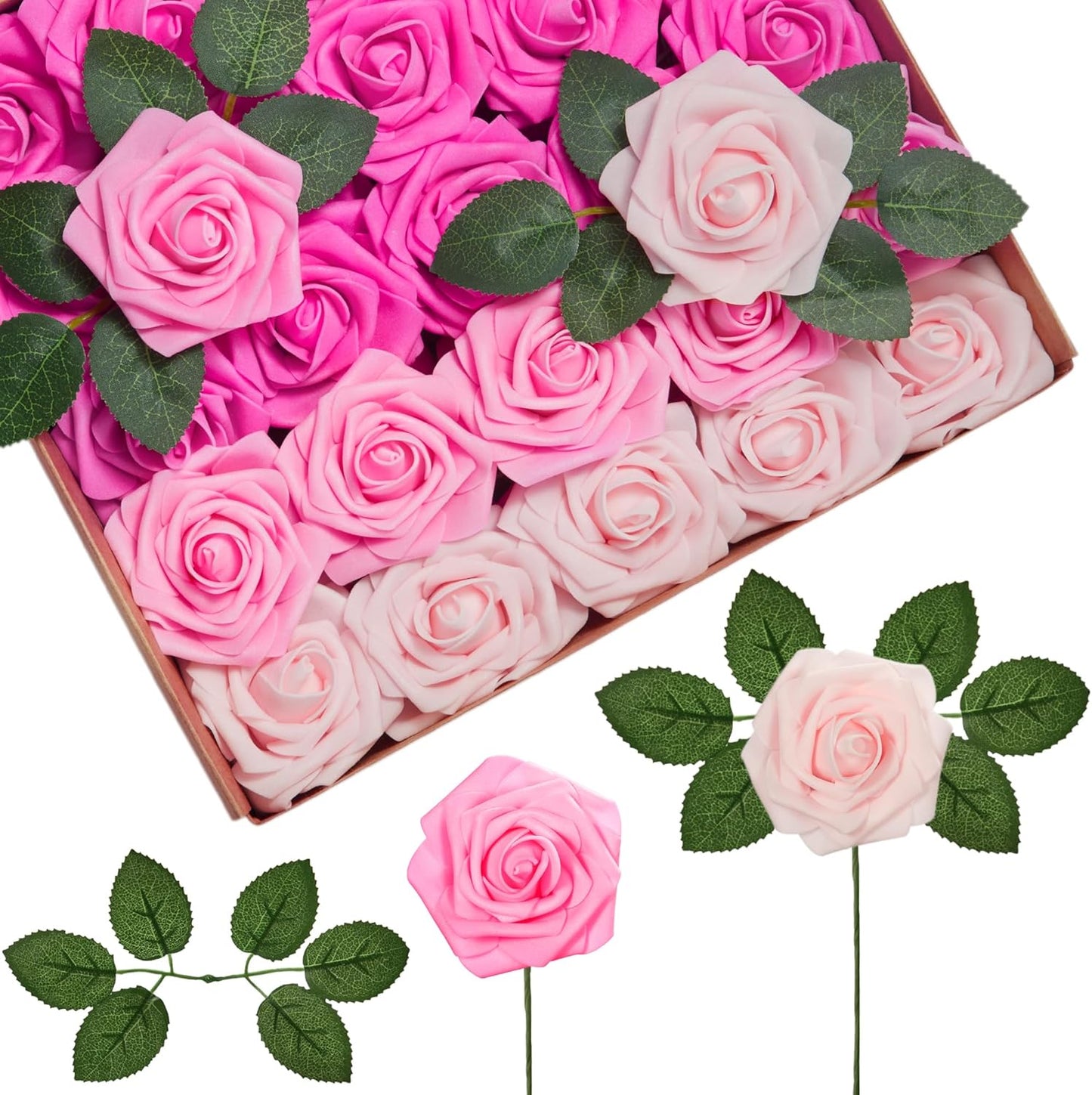 InnoGear Artificial Flowers, 50 Pcs Dark Red Foam Fake Roses Bulk with Stems for Mother's Gift Decoration Celebration DIY Wedding Bouquets Centerpieces Bridal Shower Party Christmas Tree
