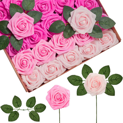 InnoGear Artificial Flowers, 50 Pcs Dark Red Foam Fake Roses Bulk with Stems for Mother's Gift Decoration Celebration DIY Wedding Bouquets Centerpieces Bridal Shower Party Christmas Tree