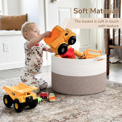 INDRESSME XXXLarge Blanket Basket for Living Room 21.7" x 21.7" x 13.8"-Storage Basket with Handle for Organizing Toy Pillows Woven Cotton Rope Laundry Basket Stuffed Animal Toy Storage for Play Room