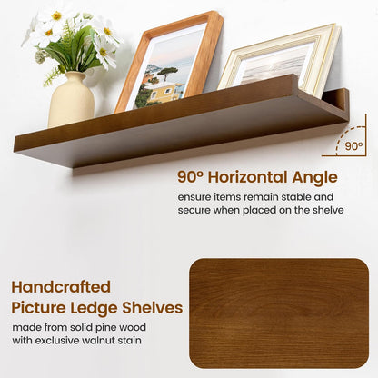 FLYJOE Picture Ledge Shelf, Floating Shelves Set of 2, Solid Pine Wood 55'' Long Large Nursery Book Shelves for Toys Storage, Kids Bookshelf for Living Room Bedroom Decor Books Photo Frames, Walnut