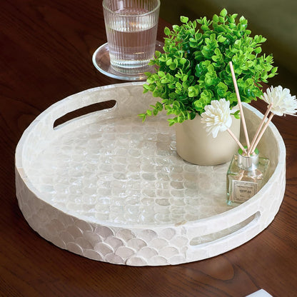 CHI AN HOME Capiz Decorative Tray 15.8” x 11.8” x 1.8" Rectangular Tray, Natural Handmade Serving Tray with Handles for Coffee Tables, Ottoman, Vanity, Kitchen, Coastal Boho Home Decor, White