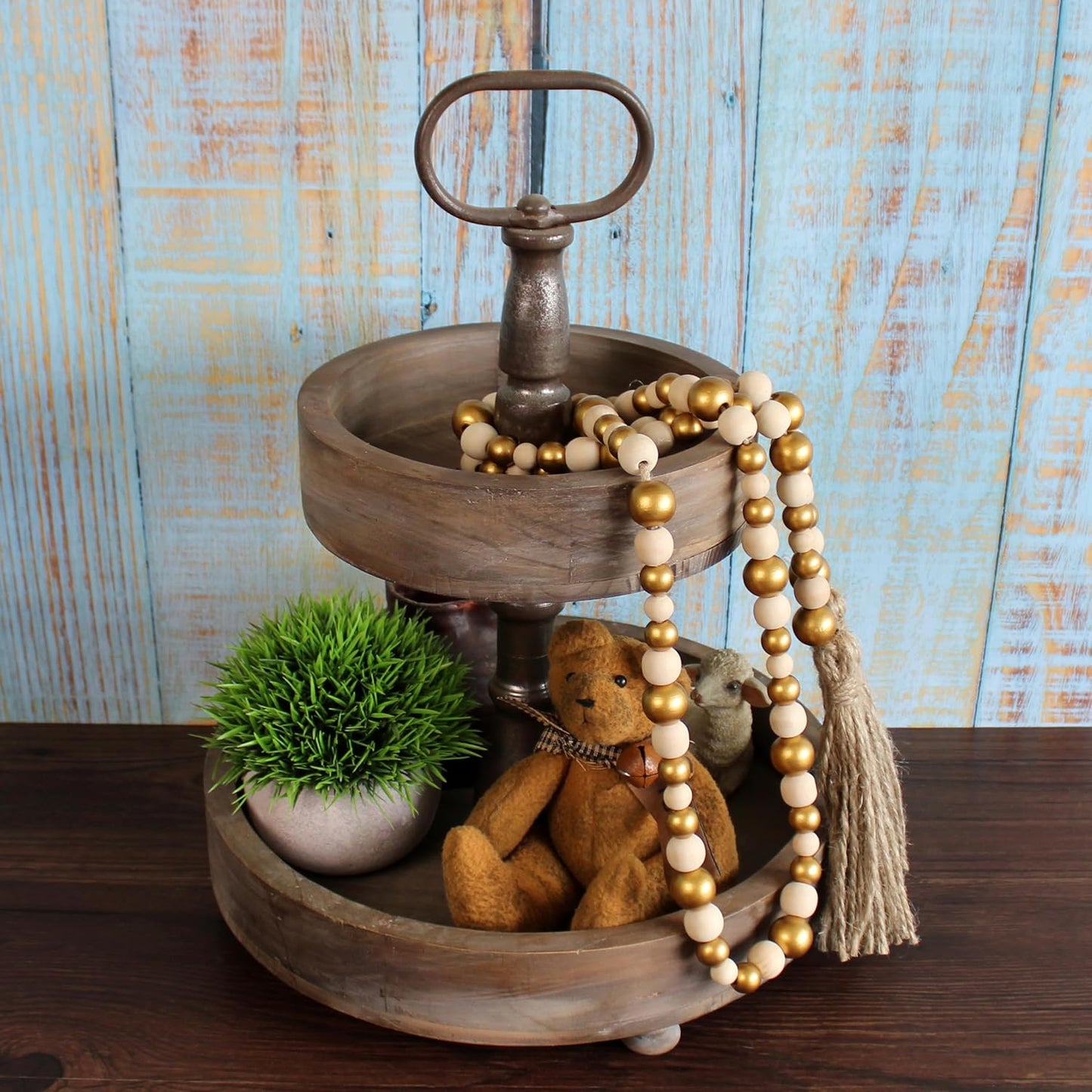 CVHOMEDECO. Wood Beads Garland with Tassels Farmhouse Rustic Wooden Prayer Bead String Wall Hanging Accent for Home Festival Decor. Mix Distressed