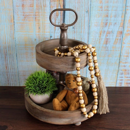 CVHOMEDECO. Wood Beads Garland with Tassels Farmhouse Rustic Wooden Prayer Bead String Wall Hanging Accent for Home Festival Decor. Mix Distressed
