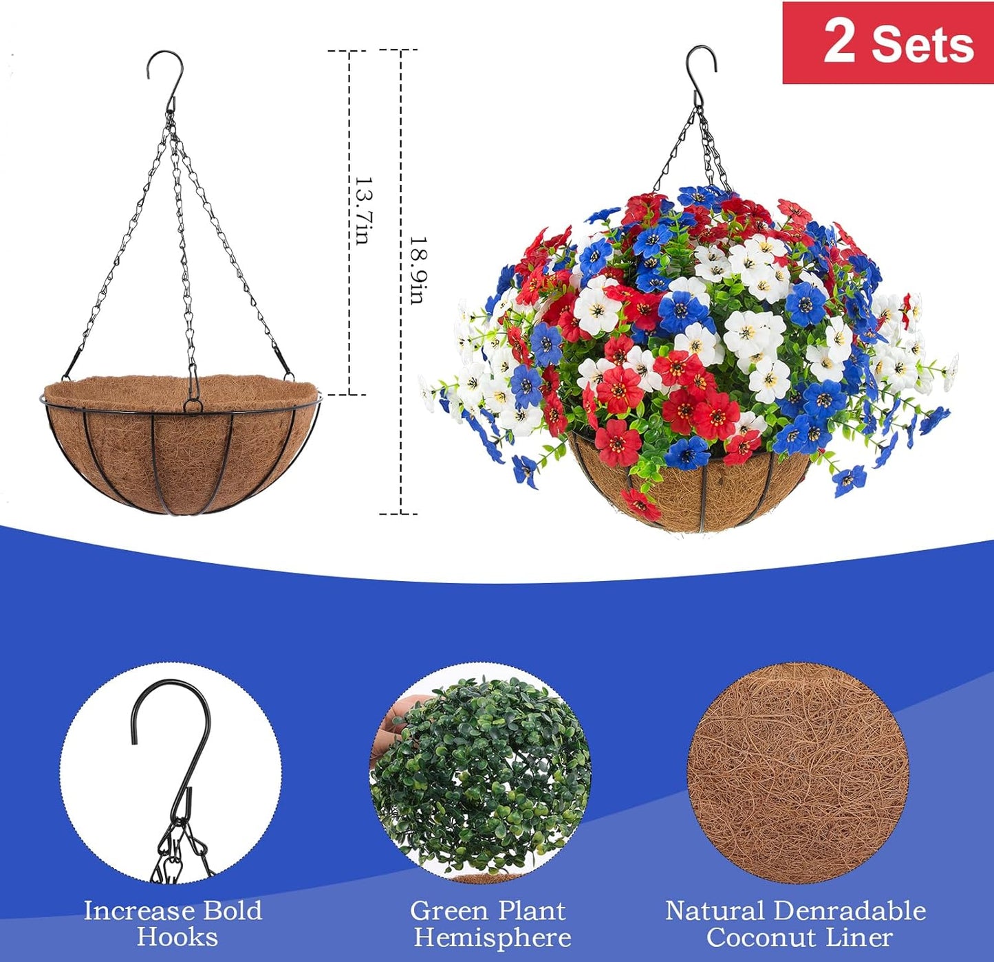 Hananona 2 Set Artificial Outdoor Flowers with Hanging Basket, 2 Hanging Planters with 24 Pcs Flowers for Spring Summer Front Porch Garden Patio Home Decor (2, Red, Purple, Yellow, Rose Red)