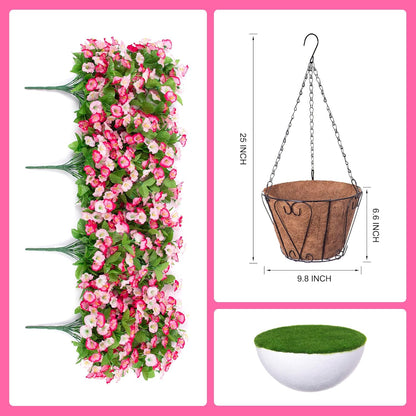 INXUGAO Artificial Flowers with Hanging Basket, Outdoor Faux Plants Silk Morning Glory Vines, Fake Green Arrangement for Garden Patio Spring Summer Decor(4pcs,Darkorchid)