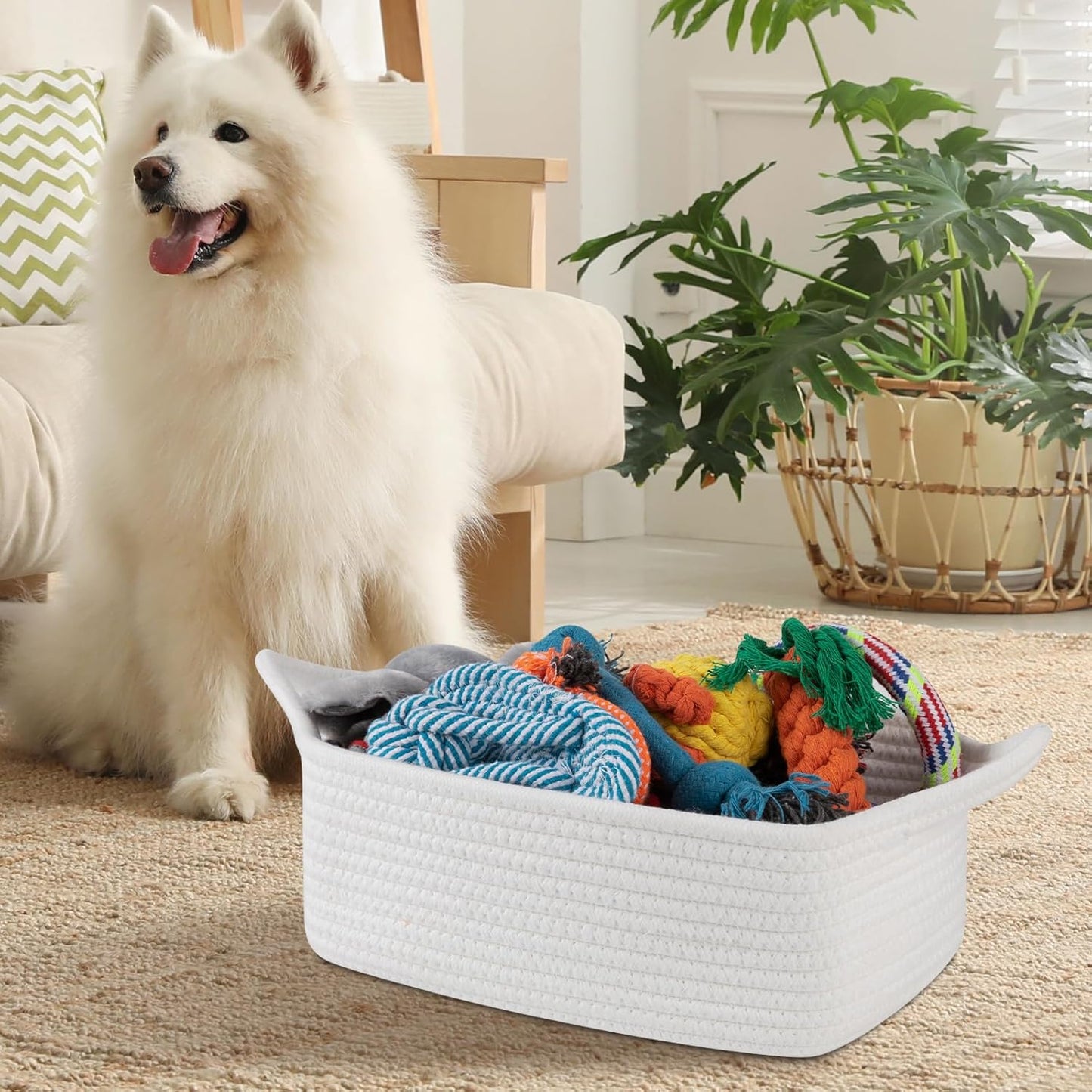 OIAHOMY Woven Basket, Gift Basket Empty with Gift Bags and Ribbons, Rope Baskets for Baby Showers, Storage Baskets with Handles for Nursery, Pet Toy Organizer - White