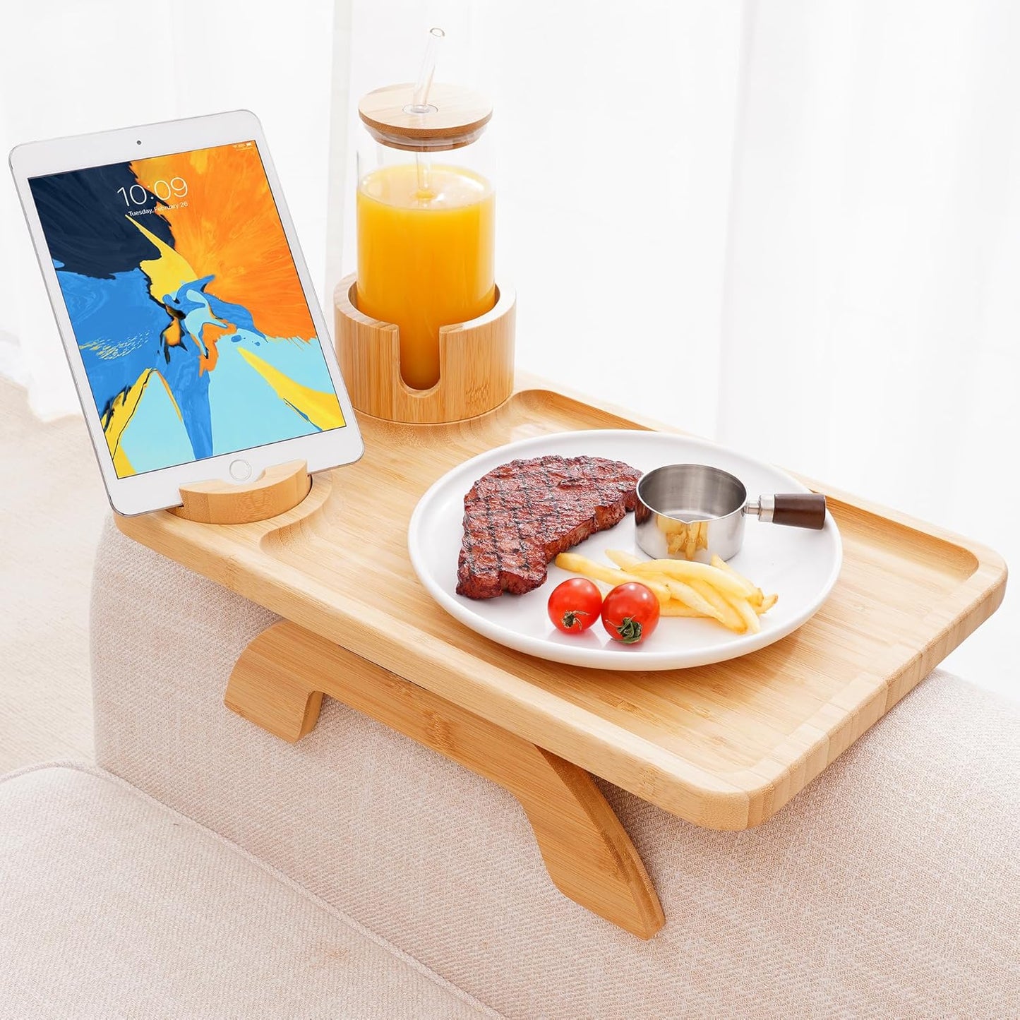 Nnewvante Couch Cup Holder Tray, 3 in 1 Large 15.36"x9.85" Acacia Wood Sofa Arm Clip on Tray Table with 360°Rotated Phone Holder on Armrest